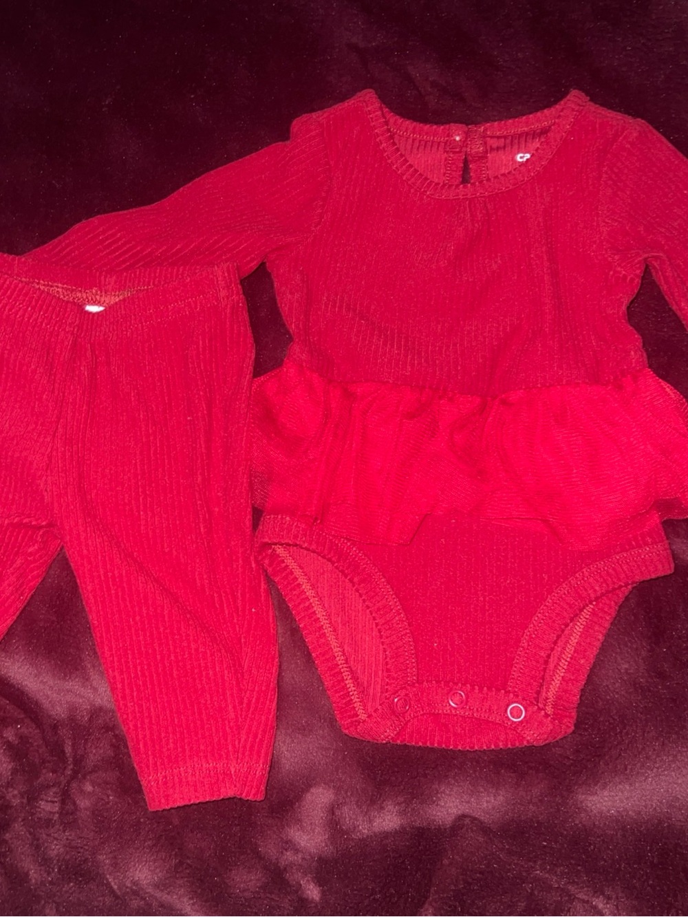 Carter's burgundy girl Ribbed Ruffle Bodysuit long  & Leggings Set 3 months